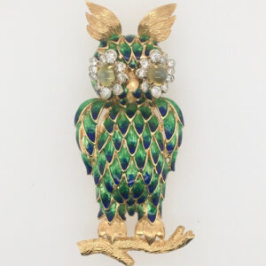 18 Karat Yellow Gold and Enamel Owl Brooch