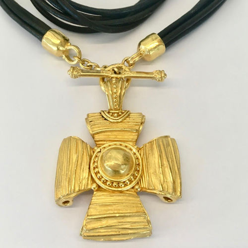 22 Karat Yellow Gold and Leather Cross Necklace by Denise Roberge