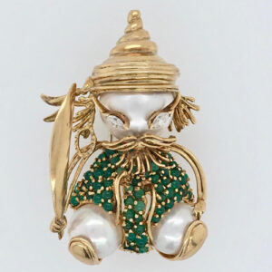 Cultured Pearl,Marquise Diamond and Green Bead Figurative Brooch