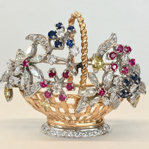 Diamond and Gemstone Floral Basket Brooch