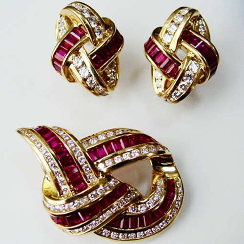 Ruby and Diamond Brooch and Earring Set