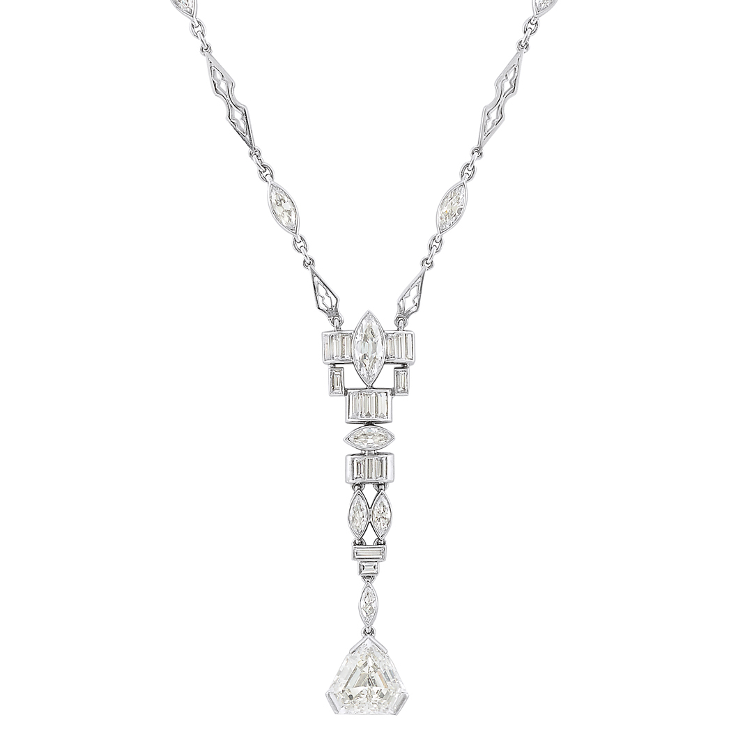 A diamond necklace with an elaborate design.
