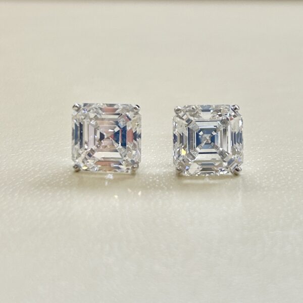 A Pair of  Platinum and Asscher Cut Diamond Earrings - Image 2
