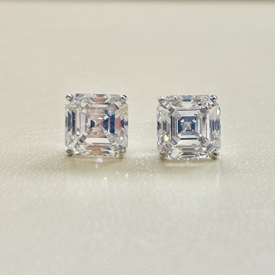 A Pair of Platinum and Asscher Cut Diamond Earrings - Image 2